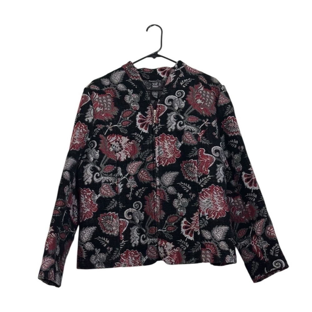 Portrait Floral Tapestry Zip Front Jacket Womens‎ XL Black Burgundy Silver Woven